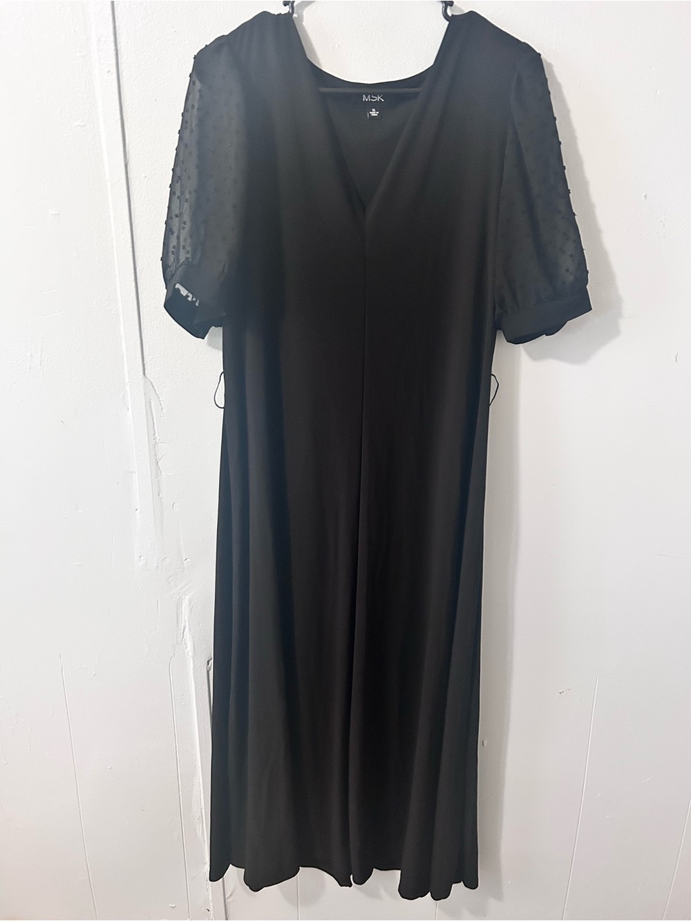 MSK Black V-Neck Midi Dress with Sheer Dot Puff Sleeves